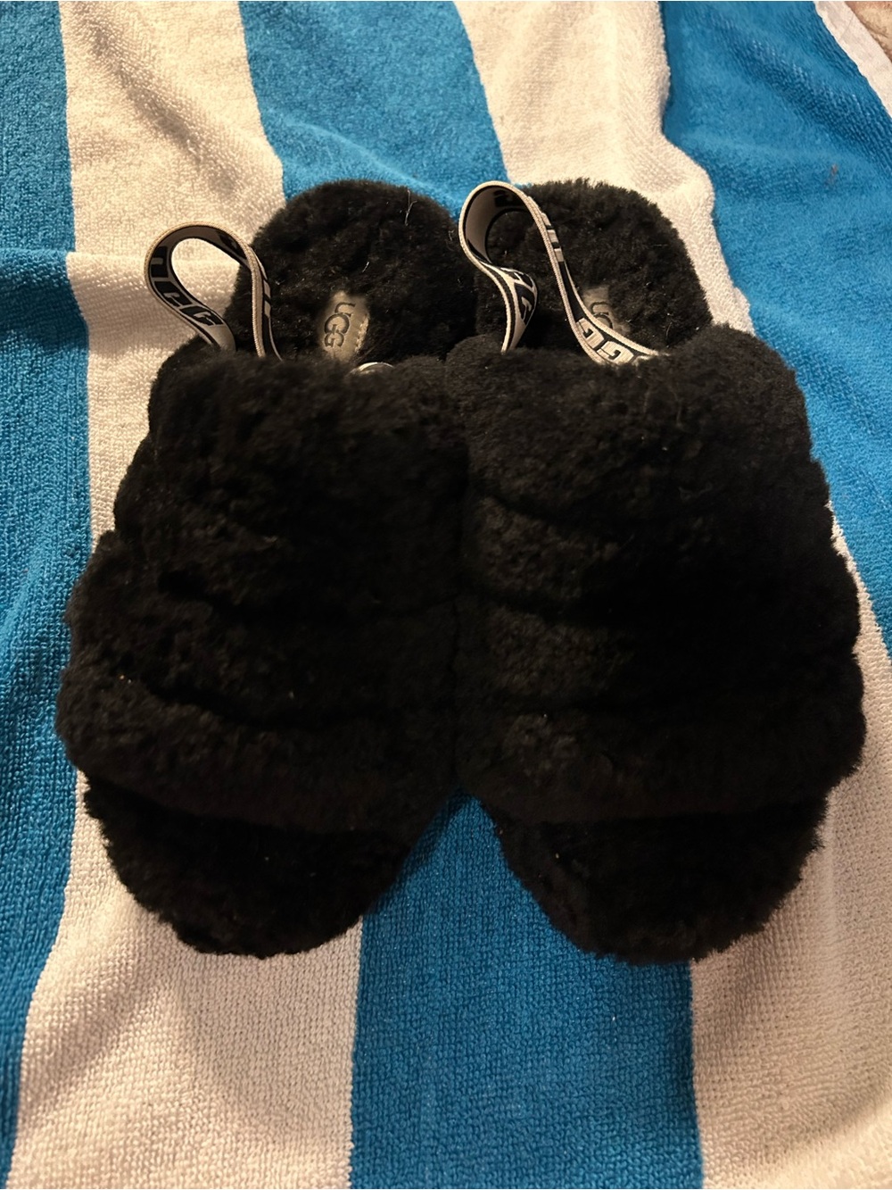 UGG Fluff Yeah Slide Black Sheepskin Fluffy Sandals Size 7